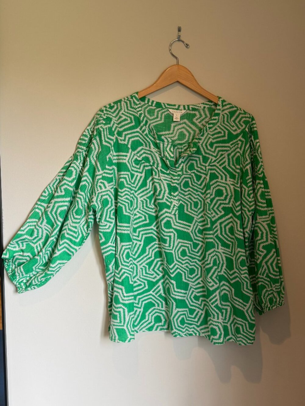 Caslon Green & White Print Popover Top, Size 2x